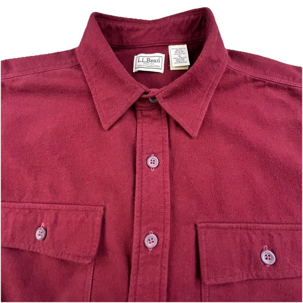 Lands End Chamois Cloth Flannel Shirt Mens XL Maroon Chest Pockets Button Down